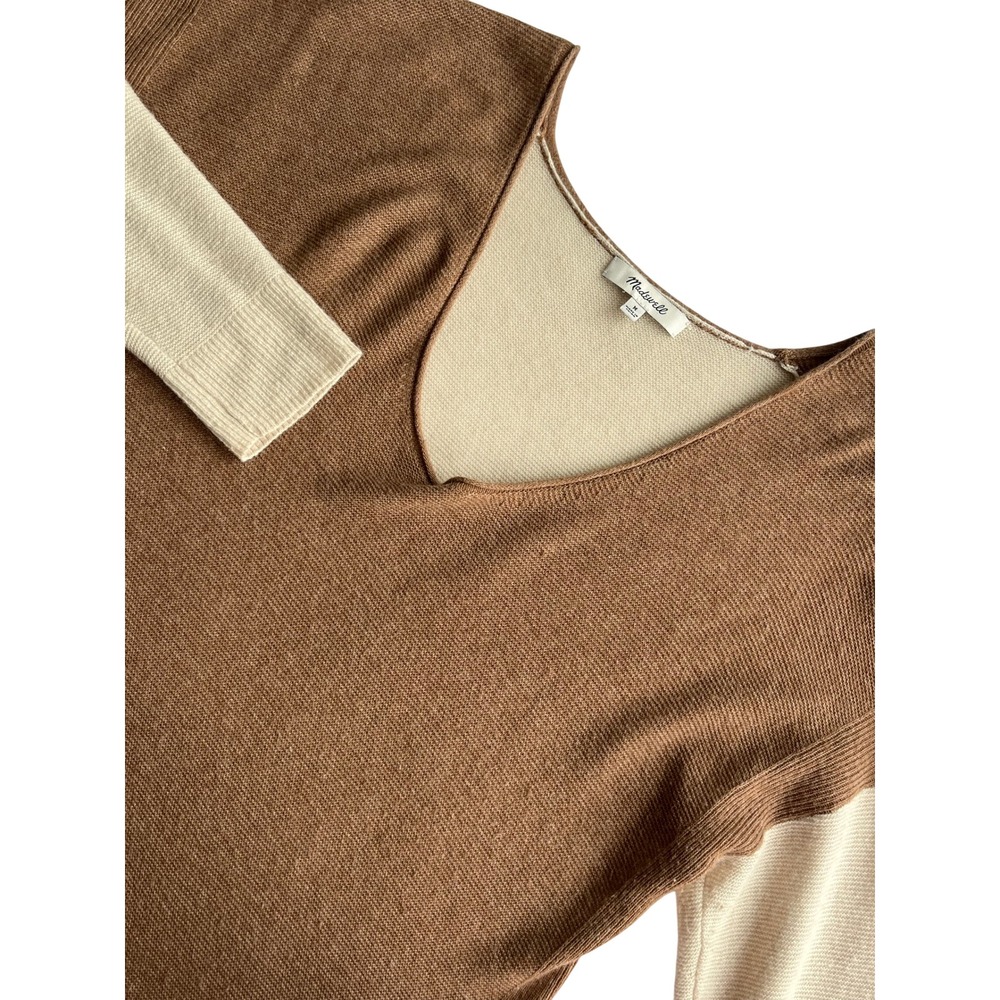 Madewell Colorblock V Neck Sweater Womens Brown‎ Cream Ribbed Knit Size Medium